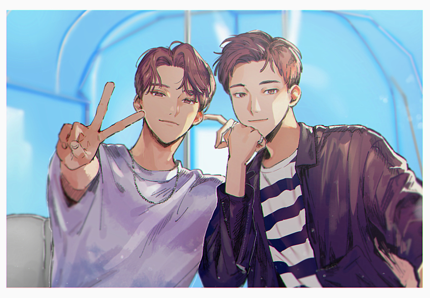 2boys, black_jacket, brown_hair, character_request, closed_mouth, commentary_request, head_rest, jacket