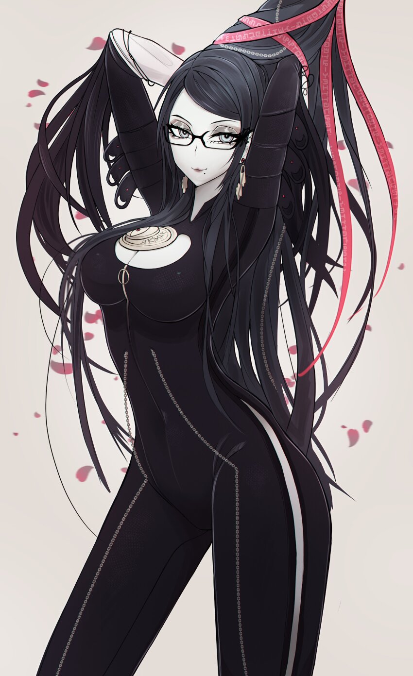 1girl, absurdres, arms_up, bayonetta, bayonetta_(series), bayonetta_1, black-framed_eyewear, black_bodysuit