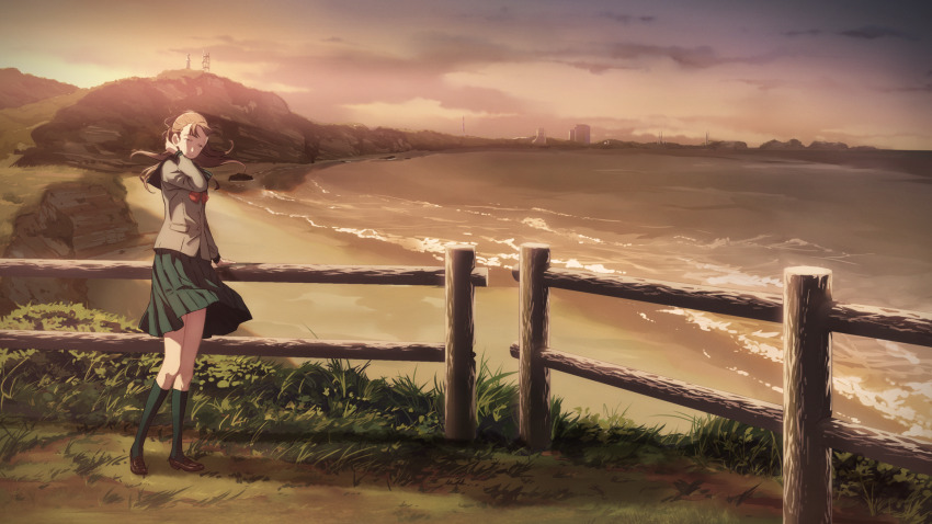 1girl, against_fence, aged_down, beach, black_ribbon, blazer, blue_sailor_collar, blue_skirt