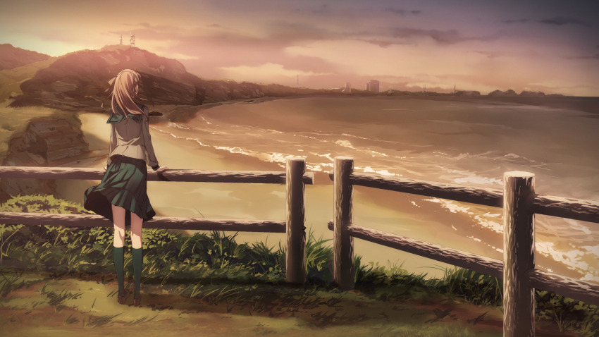 1girl, against_fence, aged_down, beach, black_ribbon, blazer, blue_sailor_collar, blue_skirt