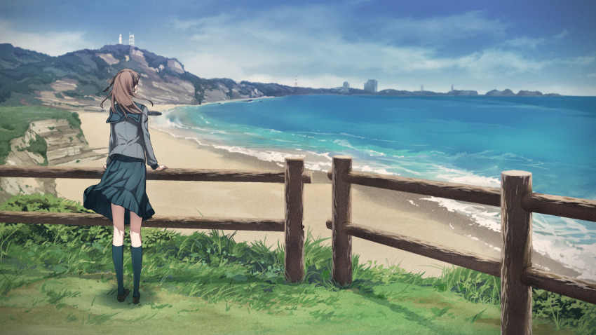 1girl, against_fence, aged_down, beach, black_ribbon, blazer, blue_sailor_collar, blue_skirt