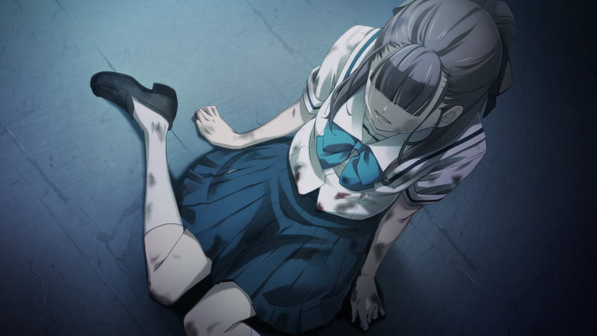 1girl, aged_down, black_ribbon, black_shoes, blood, blood_on_clothes, blue_bow, blue_skirt