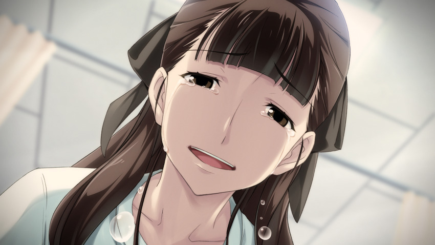 1girl, aged_down, black_ribbon, blunt_bangs, blurry, blurry_background, brown_eyes, brown_hair