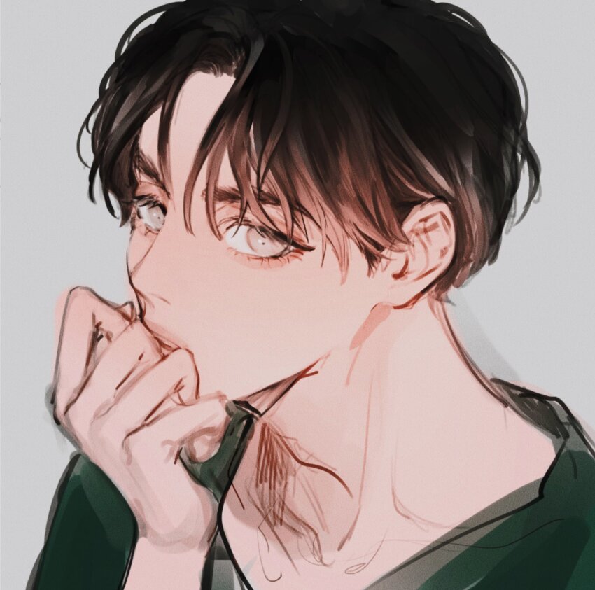 1boy, brown_hair, close-up, commentary_request, eyelashes, green_shirt, grey_shirt, head_rest