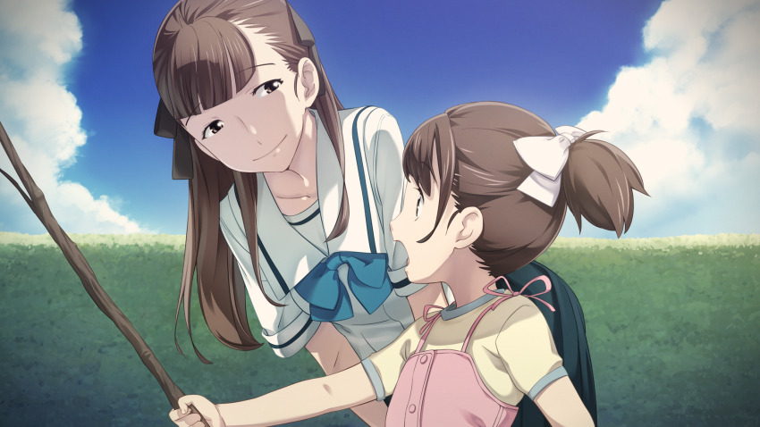 2girls, aged_down, bent_over, black_ribbon, blue_bow, blue_skirt, blue_sky, blunt_bangs