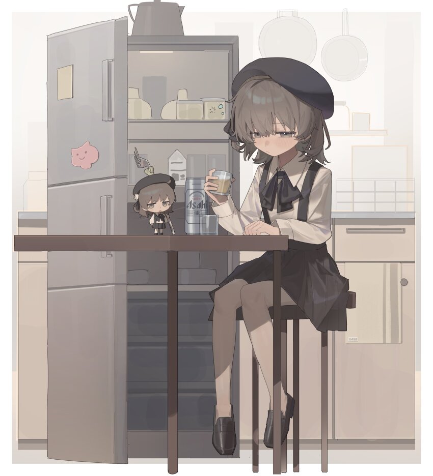 1girl, absurdres, ar2a, beret, black_bow, black_bowtie, black_hat, black_shoes