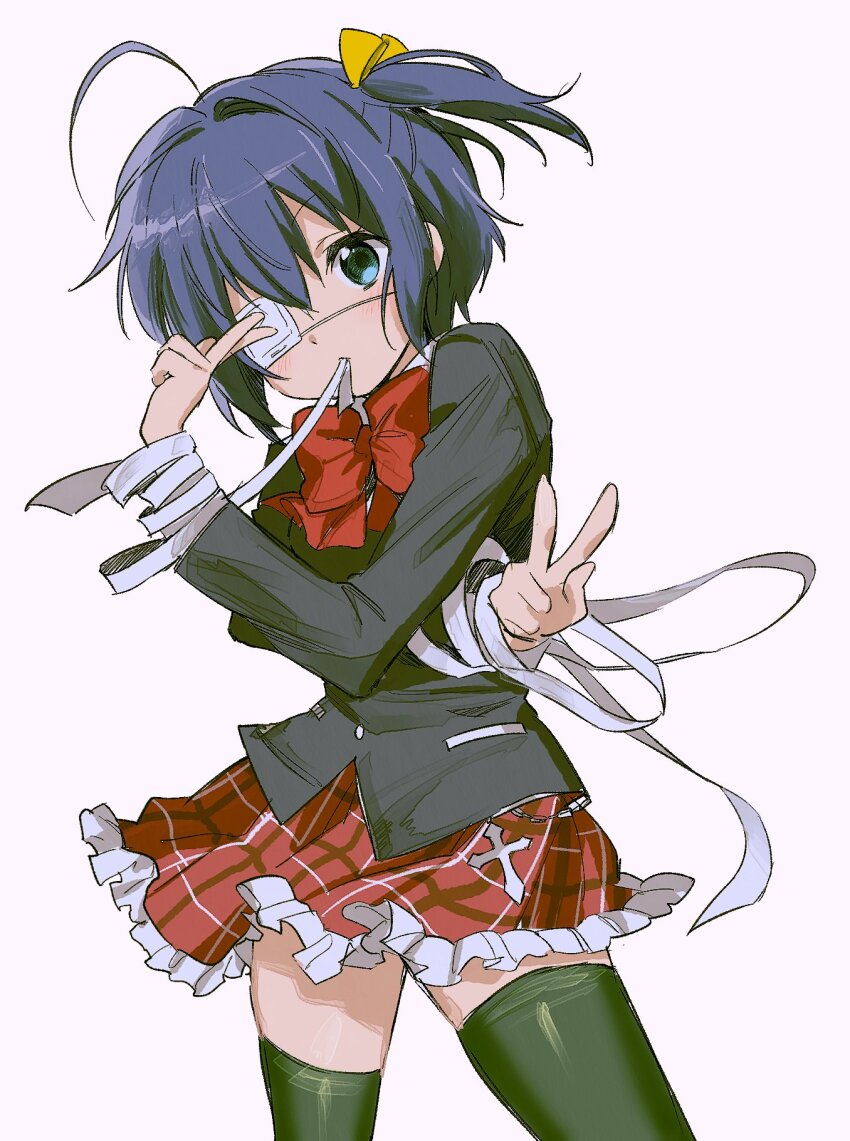 1girl, ahoge, bandaged_wrist, bandages, black_jacket, black_thighhighs, blazer, blue_eyes