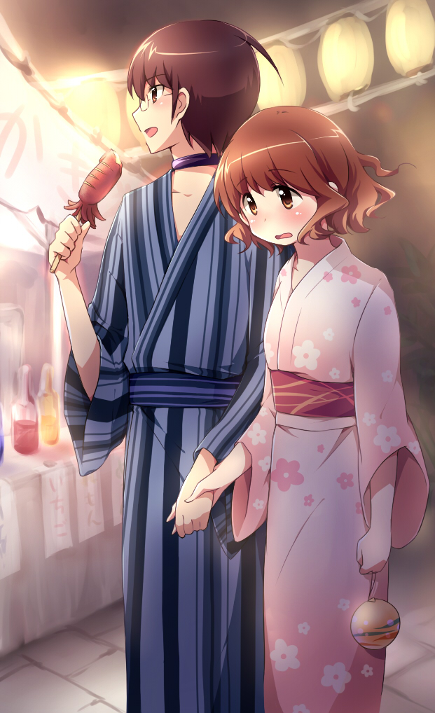 1boy, 1girl, blue_kimono, brown_eyes, brown_hair, choker, eating, festival, floral_print, food, glasses, hetero, holding_hands, ikayaki, ikoma_minami_(kaminomi), japanese_clothes, kami_nomi_zo_shiru_sekai, katsuragi_keima, kimono, lantern, night, nya?, nyaa_(nnekoron), open_mouth, pink_kimono, print_kimono, smile, squid, striped_clothes, striped_kimono, vertical-striped_clothes, vertical-striped_kimono, water_balloon, wavy_hair, yukata