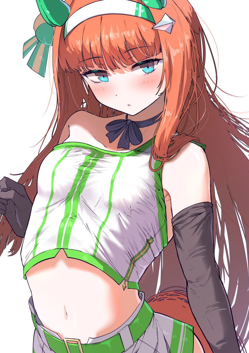 1girl, absurdres, bare_shoulders, black_gloves, blue_choker, blue_eyes, blunt_bangs, blush