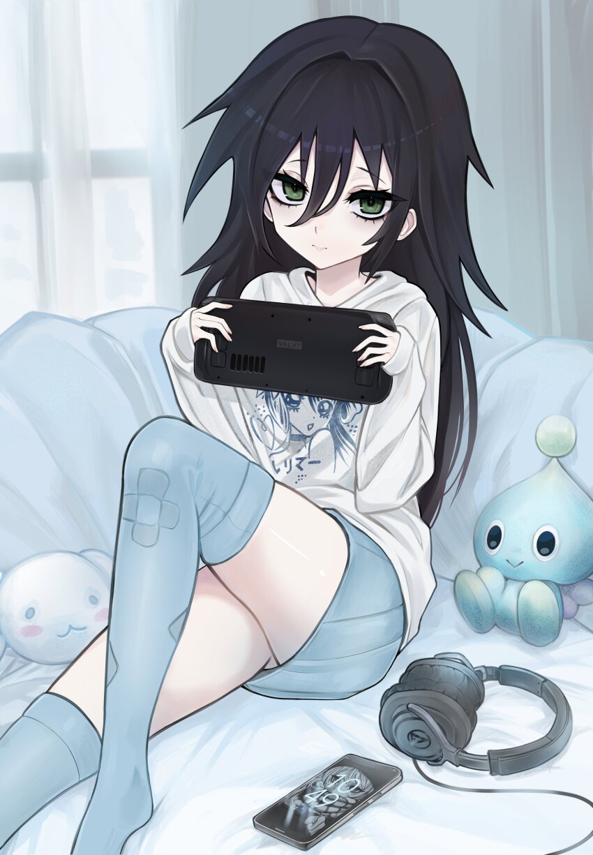 1girl, absurdres, black_hair, blue_skirt, blue_thighhighs, chao_(sonic), cinnamoroll, closed_mouth, commentary, english_commentary, expressionless, foot_out_of_frame, fuwa_fuwa_cinnamoroll, green_eyes, grey_background, hair_between_eyes, handheld_game_console, headphones, highres, holding, holding_handheld_game_console, indoors, kuroki_tomoko, lerimar, long_bangs, long_hair, long_sleeves, looking_at_viewer, miniskirt, sanrio, shirt, skirt, solo, sonic_(series), steam_deck, thighhighs, watashi_ga_motenai_no_wa_dou_kangaetemo_omaera_ga_warui!, white_shirt