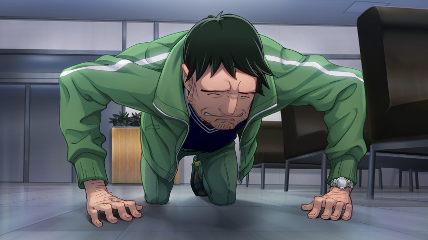 1boy, all_fours, arm_hair, arm_support, beard_stubble, black_hair, blue_cardigan, cardigan, closed_eyes, facial_hair, fukuda_tomonori, game_cg, green_jacket, hand_hair, highres, hospital, indoors, jacket, male_focus, nagafukada_mitsuhiko, necktie, non-web_source, official_art, pants, plant, potted_plant, red_necktie, robotics;notes, sad, sandals, science_adventure, short_hair, solo, spiked_hair, striped_clothes, striped_necktie, stubble, toes, track_jacket, track_pants, very_short_hair, watch, wristwatch