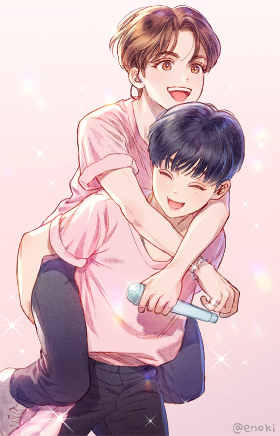 2boys, brown_eyes, brown_hair, carrying, earpiece, eno_bw, jewelry, k-pop