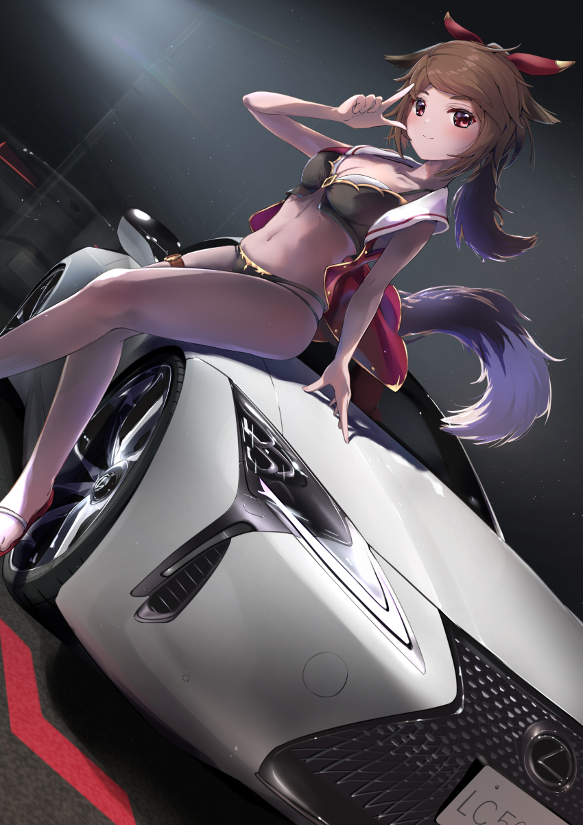 1girl, absurdres, animal_ears, bikini, black_bikini, breasts, brown_hair, car, cleavage, closed_mouth, commentary_request, commission, dutch_angle, finger_gun, floppy_ears, fujinomiya_rio, hair_ribbon, hand_up, highres, jacket, lexus, lexus_lc, linaford_(vrchat), long_hair, medium_breasts, midriff, motor_vehicle, navel, open_clothes, open_jacket, ponytail, red_eyes, red_jacket, red_ribbon, red_shoes, ribbon, shoes, skeb_commission, smile, solo, swimsuit, tail, vrchat, white_car, wolf_ears, wolf_girl, wolf_tail