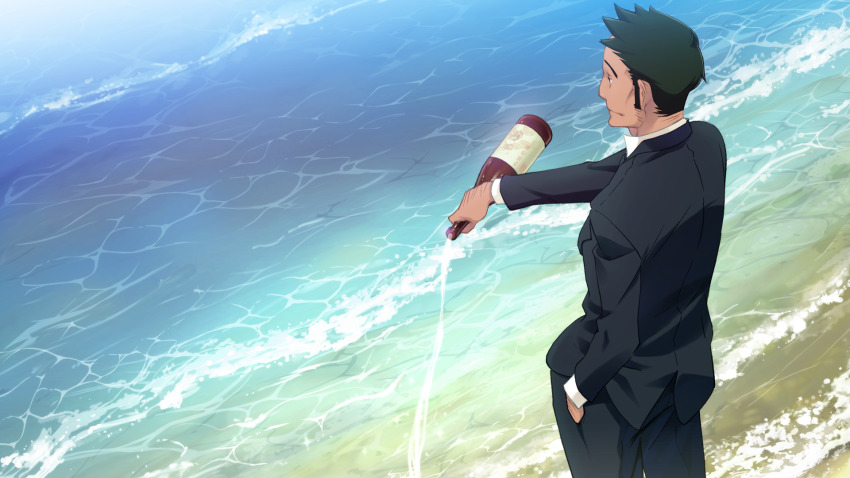 1boy, alcohol, beach, black_jacket, black_pants, black_suit, bottle, collared_shirt