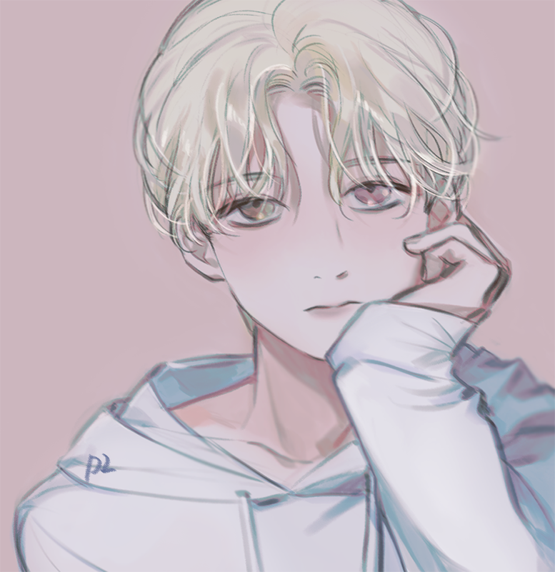 1boy, blonde_hair, brown_eyes, closed_mouth, expressionless, head_rest, hood, hoodie