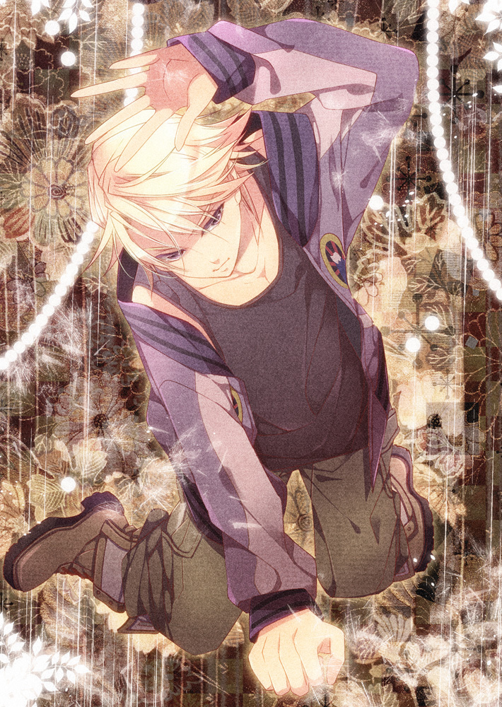 10s, 1boy, blonde_hair, boots, fujiwara_rika, hanei, ivan_karelin, jacket