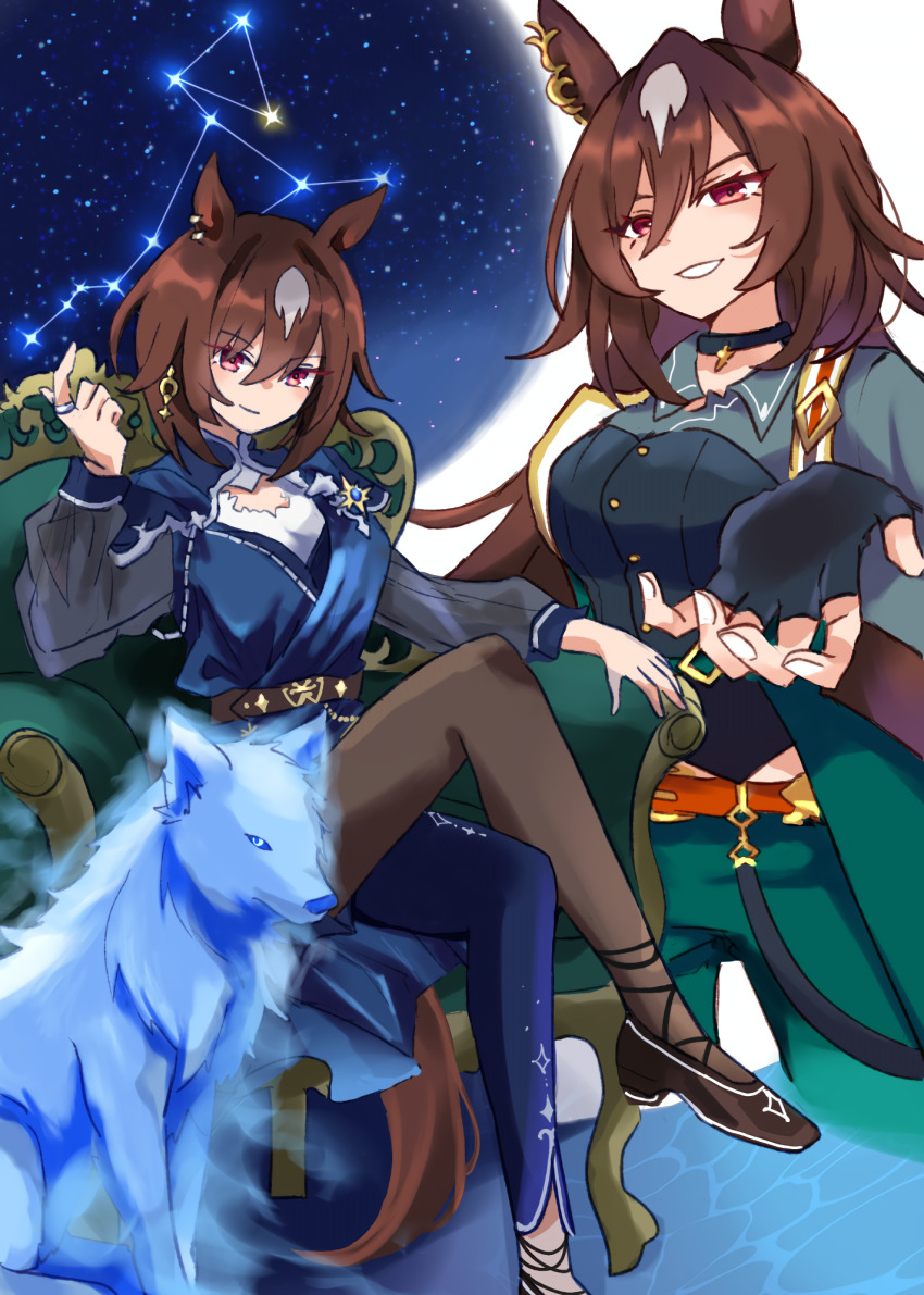 1girl, animal_ears, asymmetrical_pants, belt, black_choker, black_pants, blue_dress, blue_pants