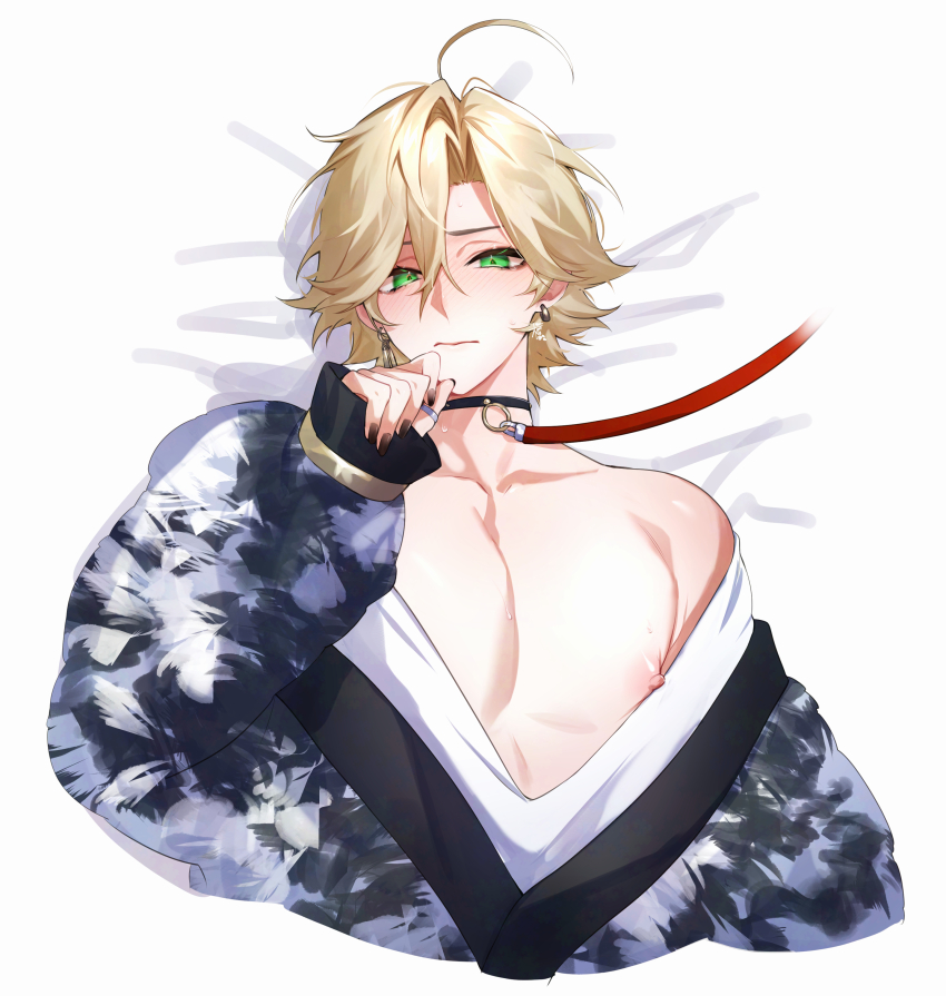 1boy, absurdres, ahoge, bishounen, black_choker, black_nails, blonde_hair, blush