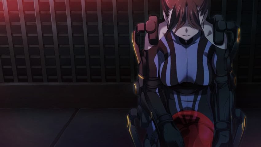 1girl, bare_shoulders, blue_bodysuit, bodysuit, breasts, brown_hair, clothing_cutout, collarbone