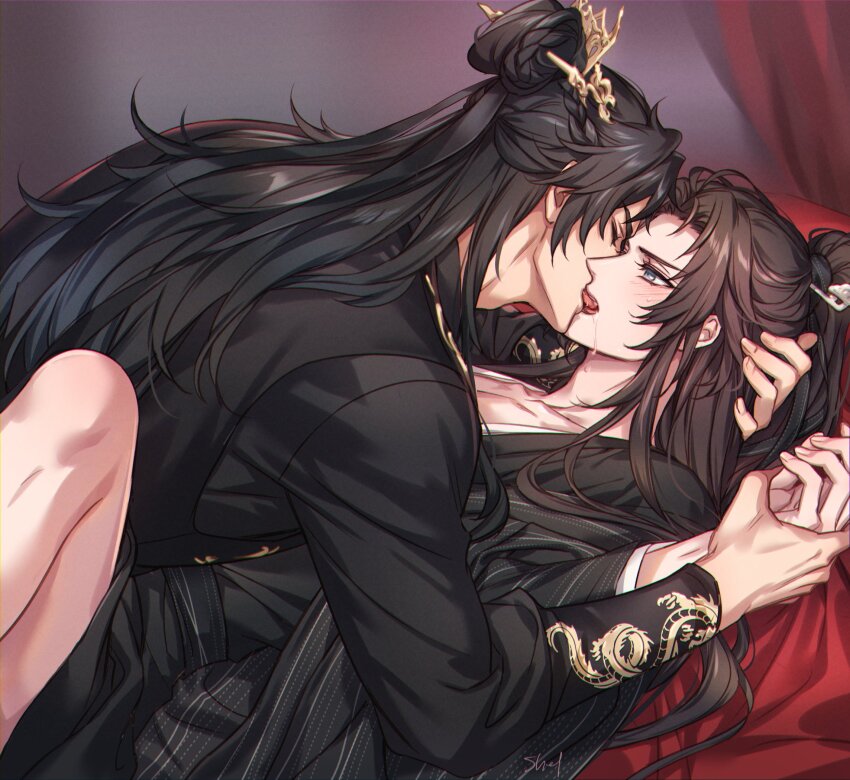 2boys, black_hair, black_hanfu, black_sash, blue_eyes, braid, chinese_clothes, chinese_hairpin