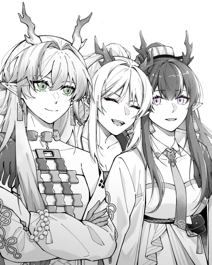 3girls, :d, ^_^, absurdres, arknights, arm_around_shoulder, beads, blue_eyes, breasts, chinese_commentary, cleavage, closed_eyes, closed_mouth, commentary_request, crossed_arms, dragon_girl, dragon_horns, earrings, fingernails, green_eyes, greyscale, hair_between_eyes, heads_together, highres, horns, jewelry, jianbing_guozi, ling_(arknights), long_hair, long_sleeves, monochrome, multicolored_eyes, multiple_girls, necklace, nian_(arknights), open_mouth, pink_eyes, pointy_ears, shu_(arknights), siblings, simple_background, sisters, smile, split_mouth, spot_color, tassel, two-tone_eyes, upper_body, white_background