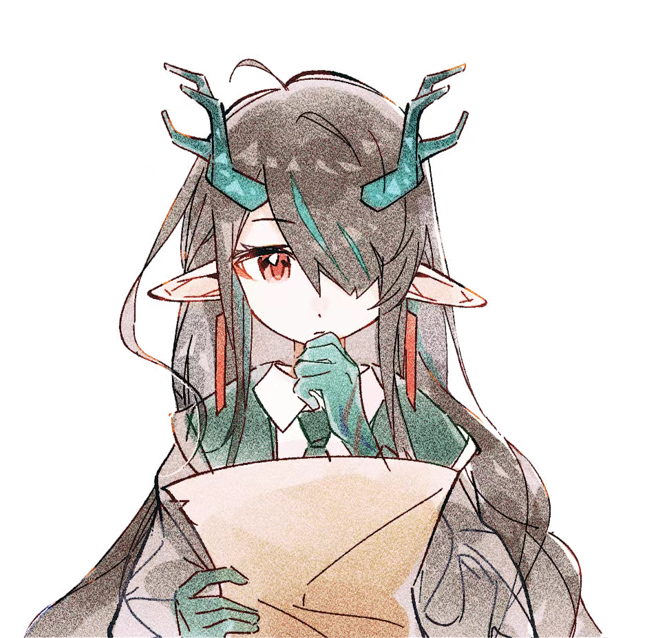 1girl, alternate_costume, aqua_hair, arknights, black_hair, chinese_commentary, closed_mouth, colored_extremities, commentary_request, dragon_girl, dragon_horns, dusk_(arknights), earrings, hair_over_one_eye, hand_on_own_chin, holding, horns, jewelry, jianbing_guozi, long_hair, looking_down, multicolored_hair, one_eye_covered, paper_texture, pointy_ears, reading, red_eyes, solo, streaked_hair, upper_body