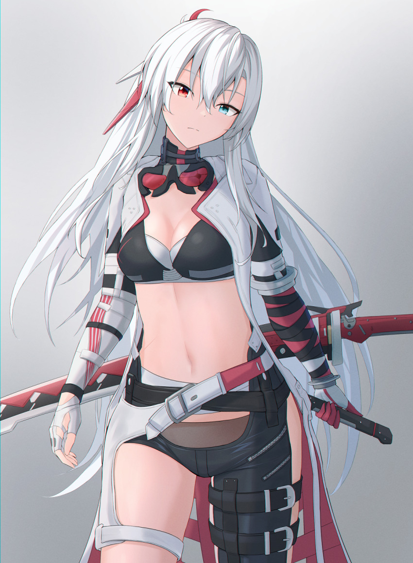 1girl, alpha_(pgr), asymmetrical_clothes, asymmetrical_gloves, asymmetrical_legwear, blue_eyes, breasts, broken_goggles