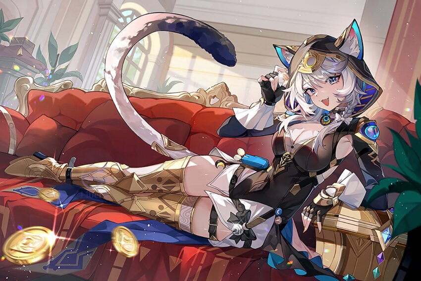 1girl, animal_ear_fluff, animal_ears, black_gloves, black_leotard, blue_eyes, boots, breasts