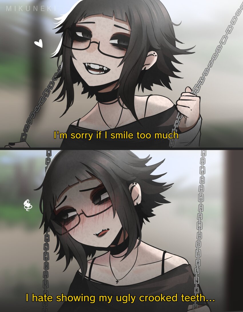 1girl, absurdres, bare_shoulders, black-framed_eyewear, black_hair, blush, copyright_request, glasses