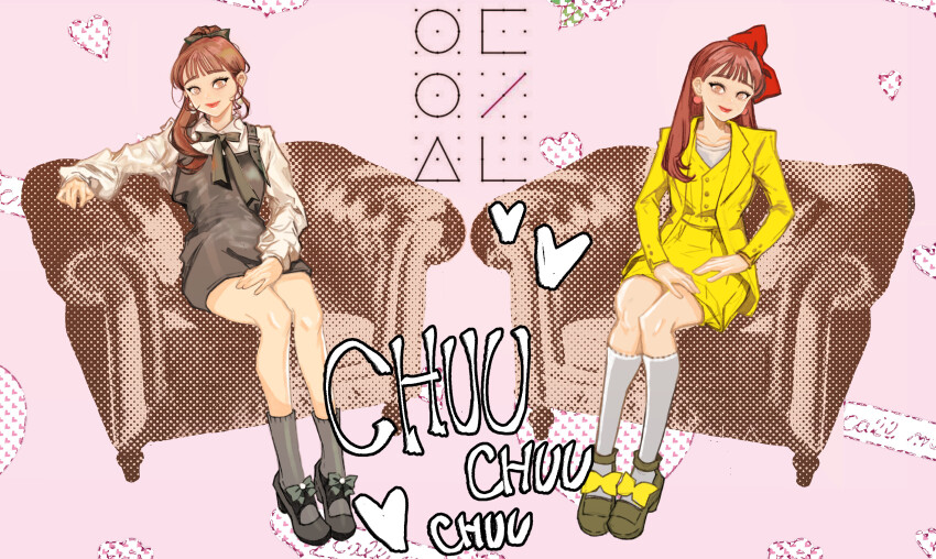 1girl, artist_name, blunt_bangs, bow, brown_hair, chuu_(loona), commentary, dress