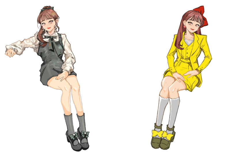 1girl, blunt_bangs, bow, brown_hair, chuu_(loona), commentary, dress, earrings, full_body, goddessgrayfruit, grey_dress, grey_socks, hair_bow, high_heels, highres, invisible_chair, jacket, jewelry, k-pop, long_sleeves, looking_at_viewer, loona_(group), ponytail, real_life, red_bow, shirt, sitting, skirt, smile, socks, vest, white_shirt, yellow_jacket, yellow_skirt, yellow_vest