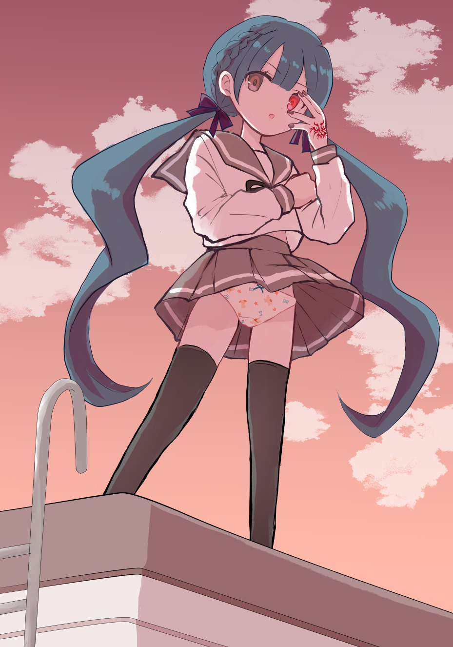 1girl, :o, animal_print, aqua_bow, aqua_ribbon, black_thighhighs, blue_hair, blunt_bangs