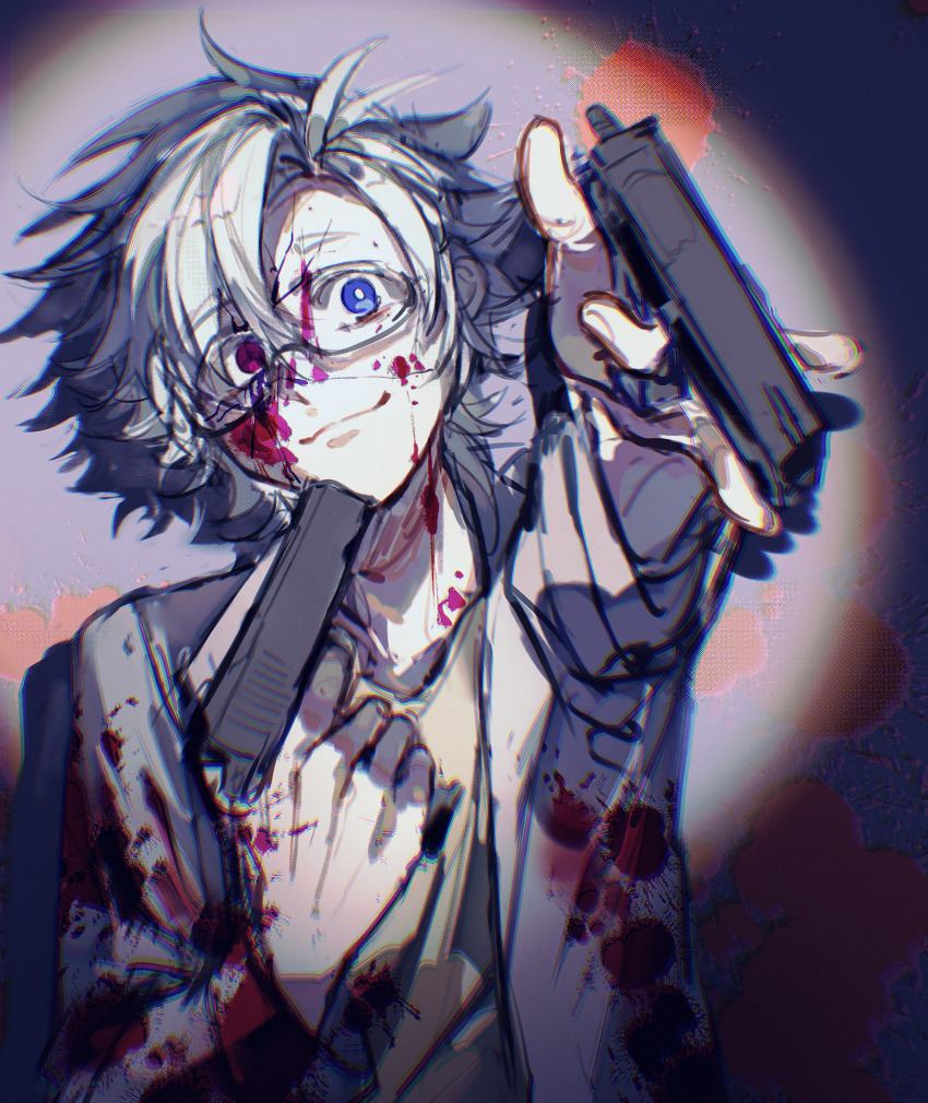 1boy, blood, blood_on_clothes, blood_on_face, blood_on_hands, blood_on_neck, blood_splatter, blue_eyes