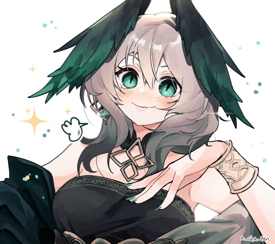 1girl, arknights, bare_shoulders, bracelet, breasts, green_eyes, green_nails, grey_hair, hair_between_eyes, head_wings, ho'olheyak_(arknights), ho'olheyak_(carriage_of_the_winds_of_time)_(arknights), jewelry, large_breasts, looking_at_viewer, medium_hair, nail_polish, o_chu_pen, official_alternate_costume, smile, solo, strapless, tube_top, upper_body, white_background, wings