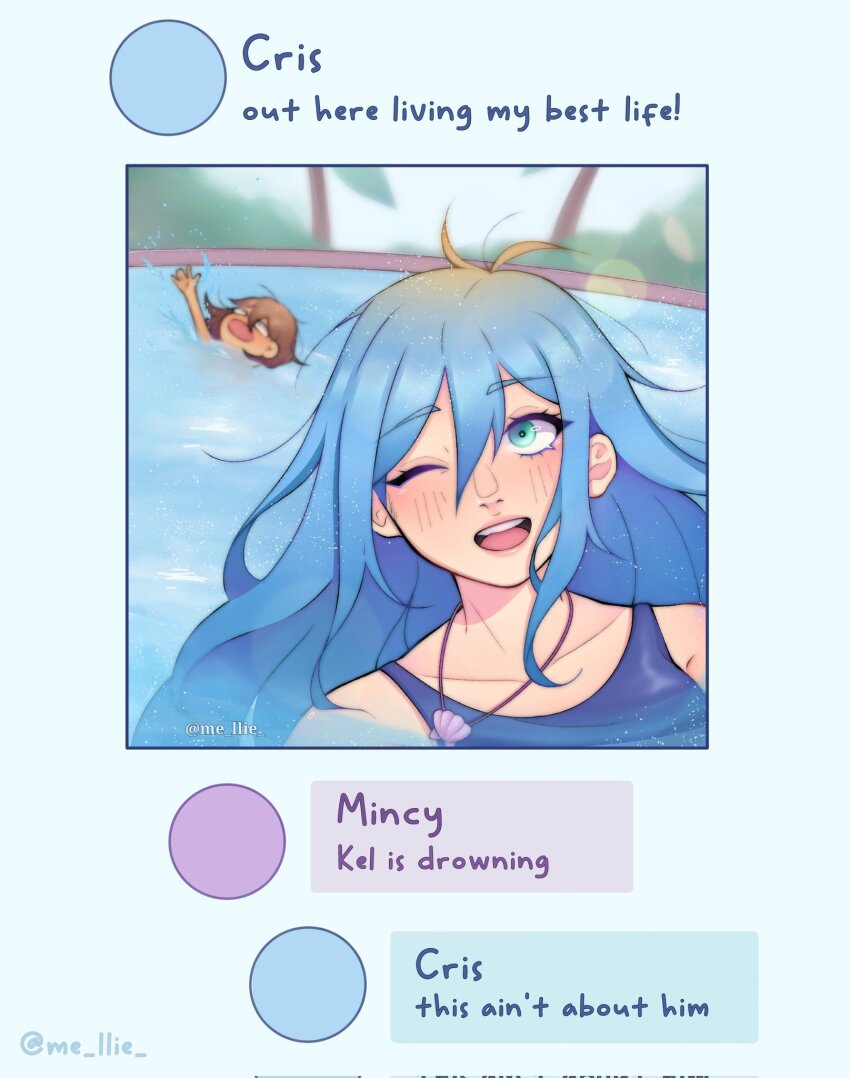 1boy, 1girl, ;d, antenna_hair, bare_shoulders, blonde_hair, blue_hair, blue_sky