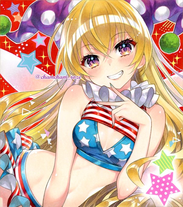 1girl, adapted_costume, american_flag, american_flag_print, bikini, bikini_skirt, blonde_hair, blue_bikini