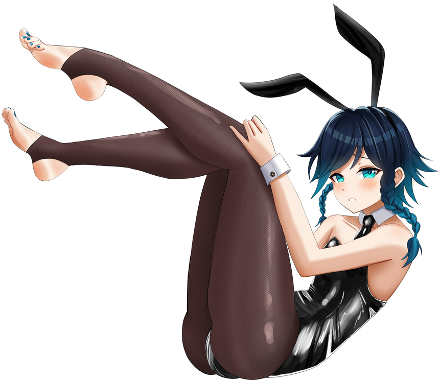 1boy, alternate_costume, animal_ears, aqua_eyes, bare_shoulders, black_leotard, black_necktie, blue_hair