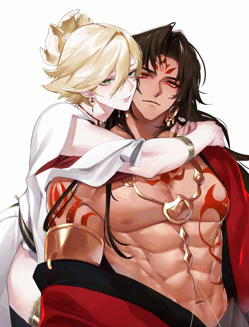 2boys, abs, absurdres, arm_tattoo, asura_(onmyoji), bishounen, black_hair, blonde_hair