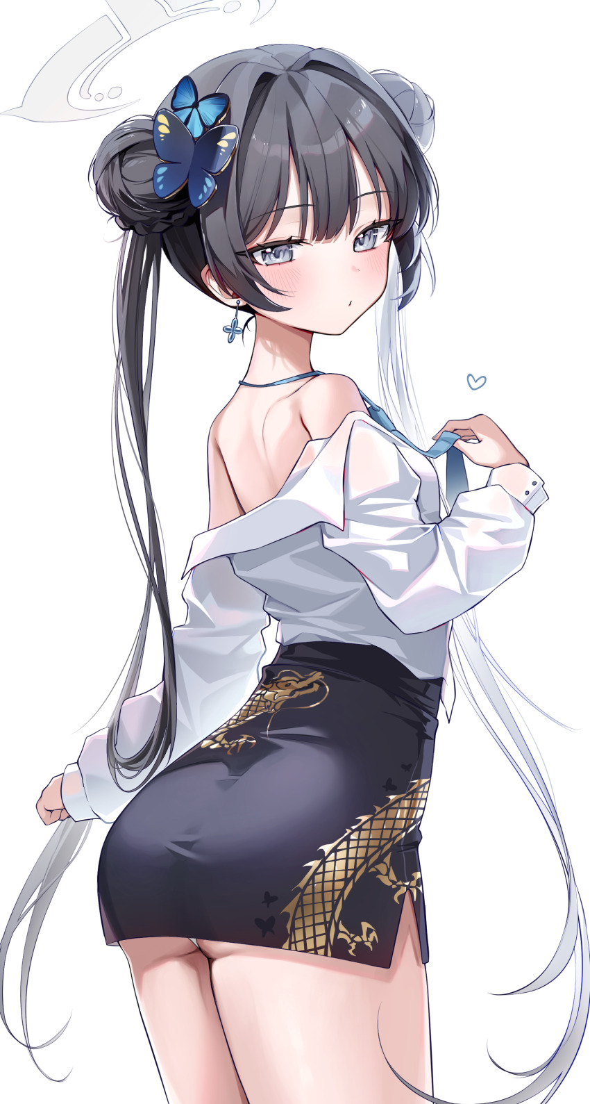 1girl, absurdres, alternate_costume, bare_shoulders, black_hair, black_skirt, blue_archive, blue_necktie