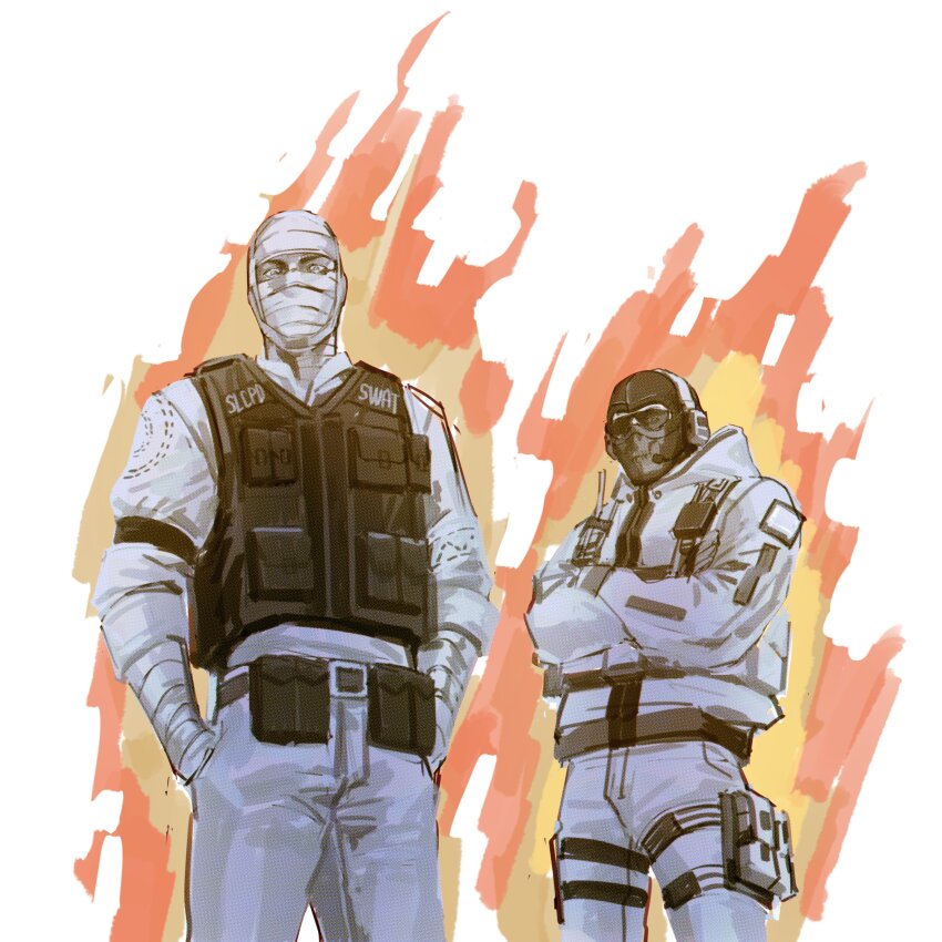 2025, 2boys, absurdres, aura, balaclava, bandaged_arm, bandaged_head, bandages, belt, belt_buckle, belt_pouch, blue_eyes, buckle, bulletproof_vest, call_of_duty, call_of_duty:_modern_warfare_2, covered_mouth, cowboy_shot, crossed_arms, crossover, fallout, fallout:_new_vegas, fire, ghost_(modern_warfare_2), glasses, hands_in_pockets, headphones, headset, highres, jacket, joshua_graham, long_sleeves, male_focus, multiple_boys, pants, pouch, seokka, simple_background, sunglasses, thigh_pouch, thigh_strap, vest, walkie-talkie, white_background