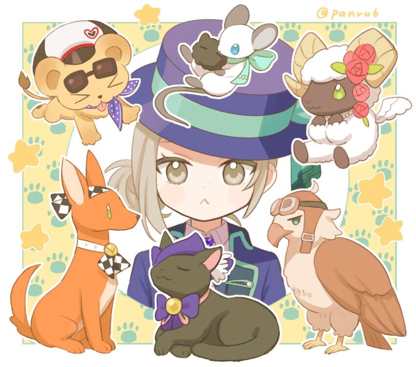 1girl, :<, animalization, bird, black_cat, blue_bow, boater_hat, border