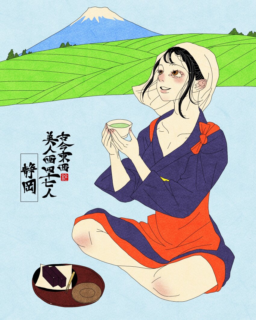 1girl, absurdres, artist_logo, black_hair, blue_kimono, brown_eyes, commentary, english_commentary