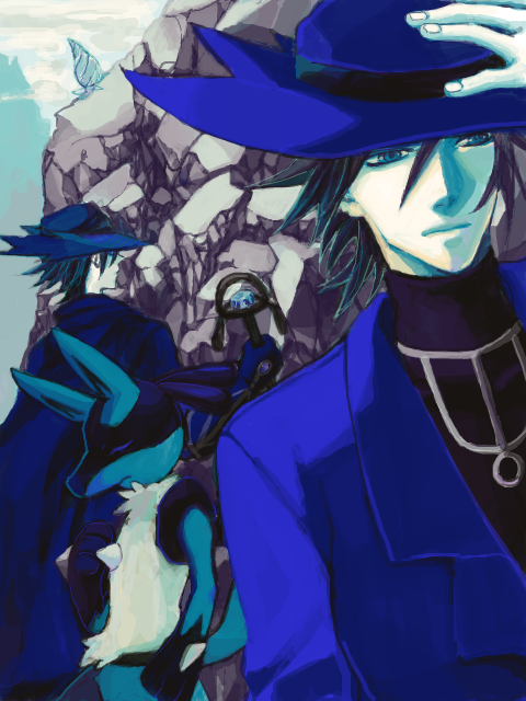 2boys, adjusting_clothes, adjusting_headwear, gen_4_pokemon, hat, lucario, multiple_boys, nintendo