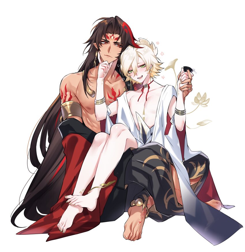 2boys, absurdres, arm_tattoo, asura_(onmyoji), bishounen, black_hair, blonde_hair, blush