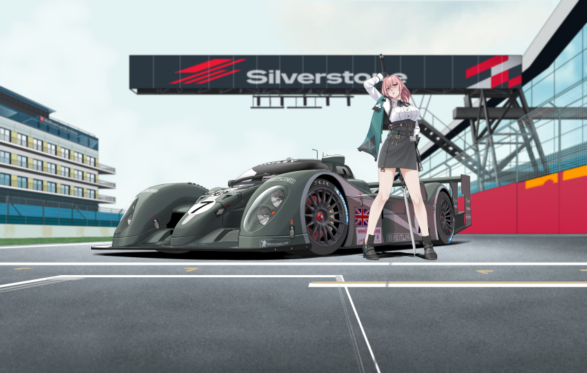 1girl, absurdres, amoemo, bentley, bentley_speed_8, black_gloves, black_skirt, breasts