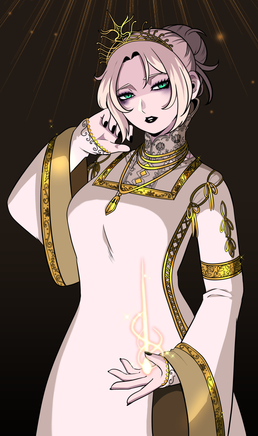 1girl, absurdres, black_background, black_lips, black_nails, breasts, cowboy_shot, dark_souls_(series)