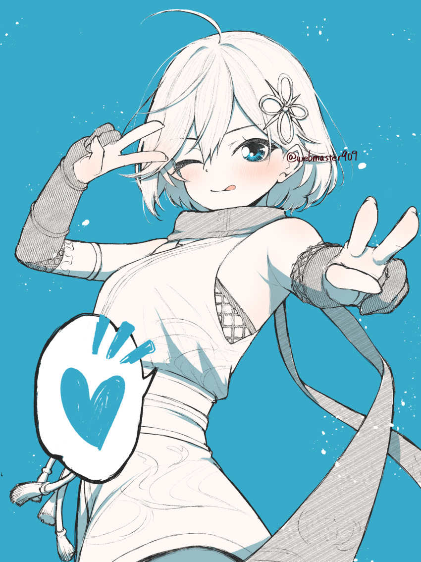 1girl, ahoge, bare_shoulders, blue_background, blue_eyes, blush, breasts, closed_mouth