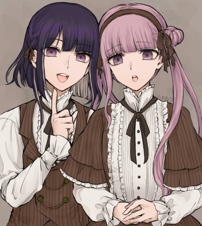 1boy, 1girl, :d, :o, brother_and_sister, brown_background, brown_dress, brown_hairband