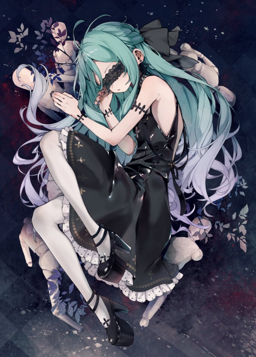 1girl, bare_shoulders, black_dress, black_nails, blindfold, commentary_request, dress, earrings