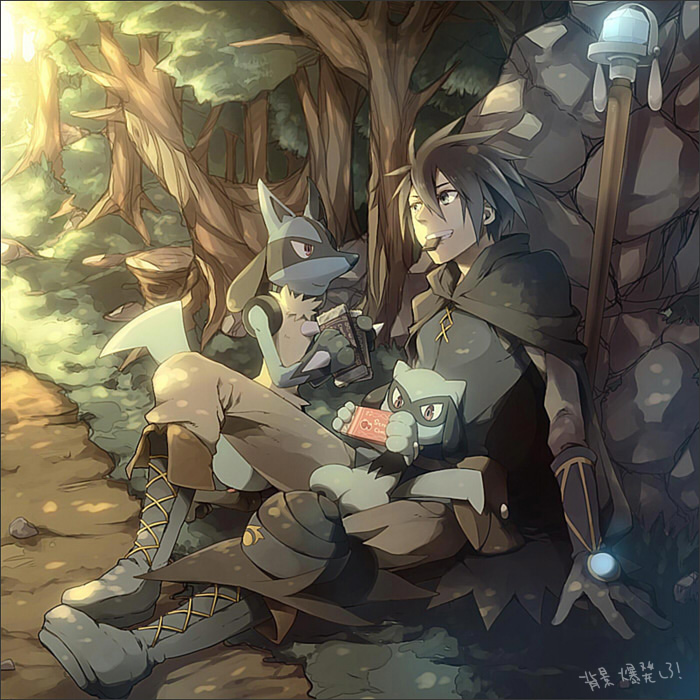 00s, chocolate, eating, food, food_in_mouth, forest, gen_4_pokemon, lucario